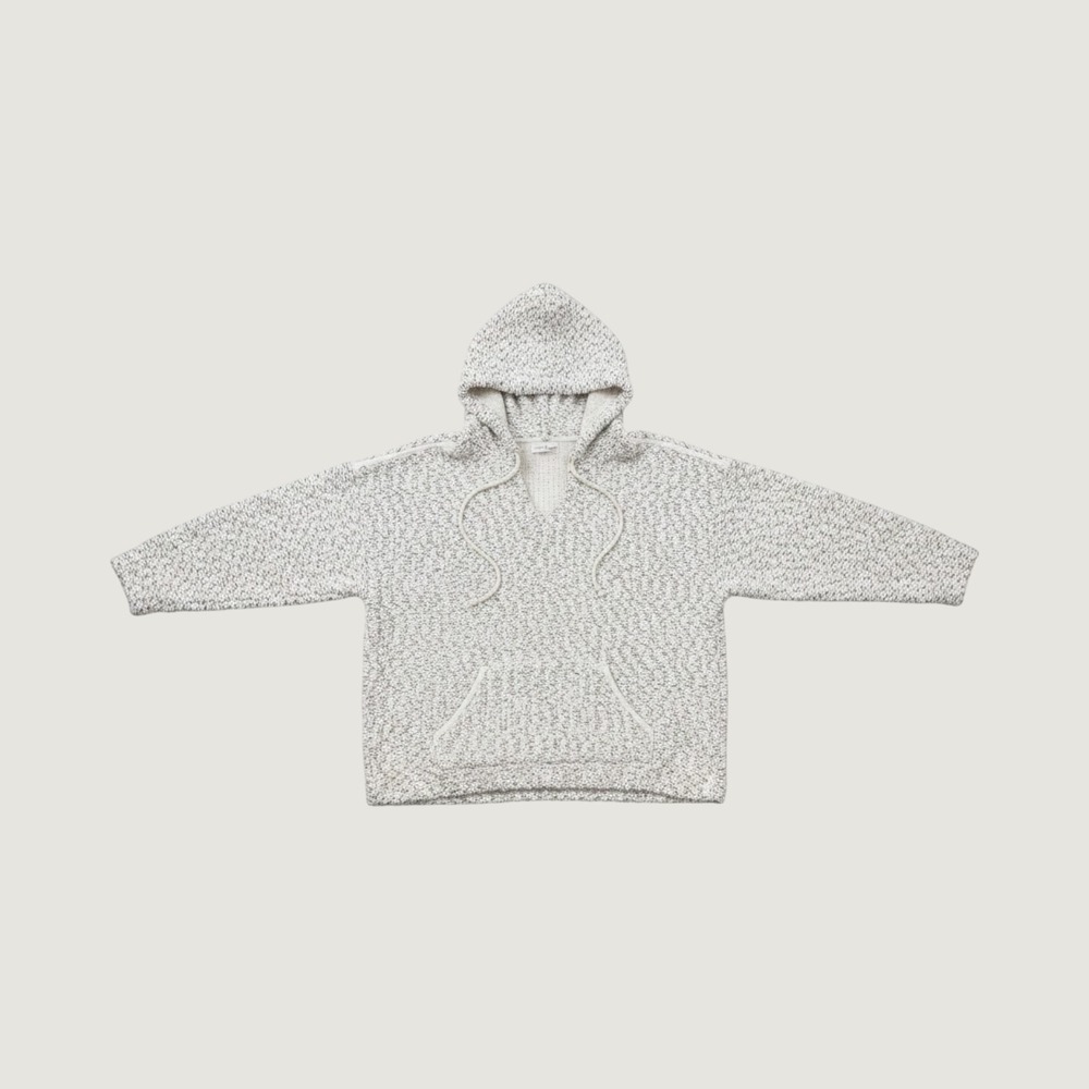 Lou & Grey Popcorn Knit Hoodie Sweater Cream Black Marled V-Neck Pocket Medium